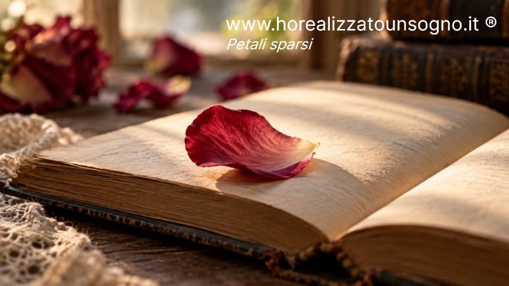 Petali sparsi – poesia di Cristiana Sarritzu Petalo su un libro aperto, immagine della poesia Petali sparsi